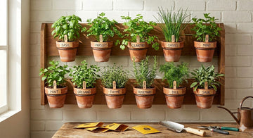 Home herb garden with neatly labeled terracotta pots of fresh herbs arranged on a wall-mounted wooden shelf