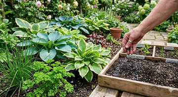 Seedlings of rainbow hosta growing in containers