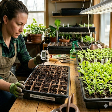 Gardener checking soil temperature in seed trays indoors with seedlings under grow lights, demonstrating conditions for accurate seed germination time tracking and planning.